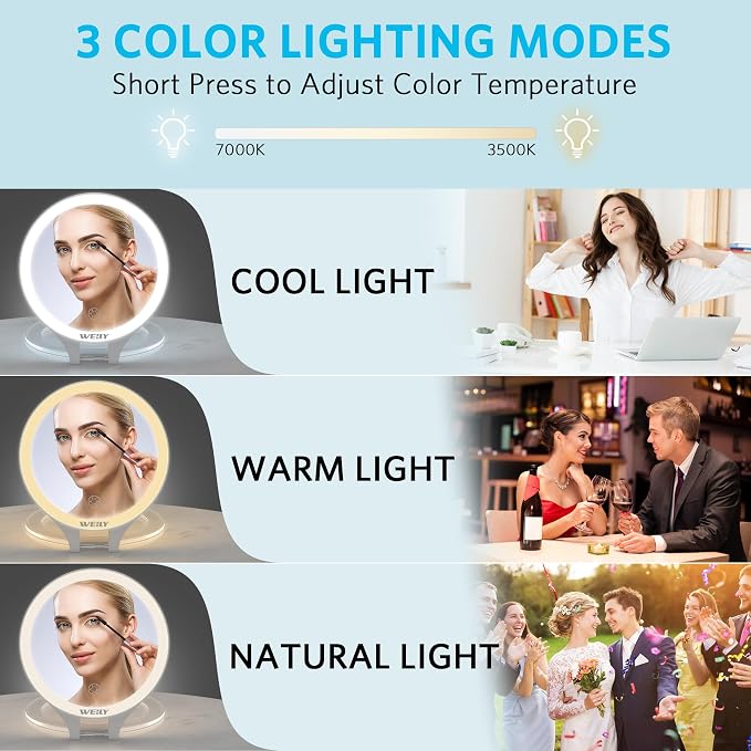WEILY Magnifying Makeup Mirror 10X/1X, Travel Mirror with Light | Double Sided Rechargeable Mirror with 3 Color Lights for Makeup, Tweezing, Blackhead and Come Done Removal (White)