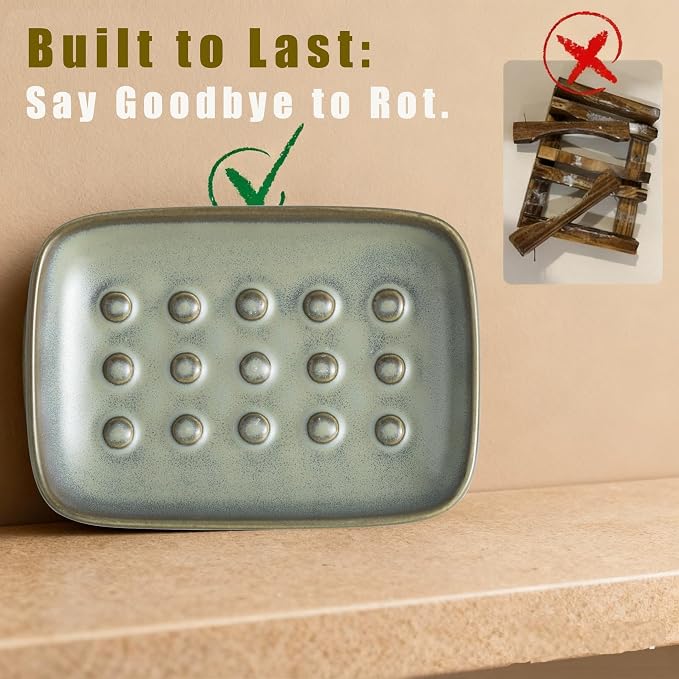 Miamolo Bar Soap Holder, Ceramic Soap Dish for Bathroom, Keep Soap Dry | Raised Ridges Extends Bar Life | Weighted Soap Tray, Non-Slip | for Kitchen Sink Bathtub Shower, Dishwasher Safe, Dark Green