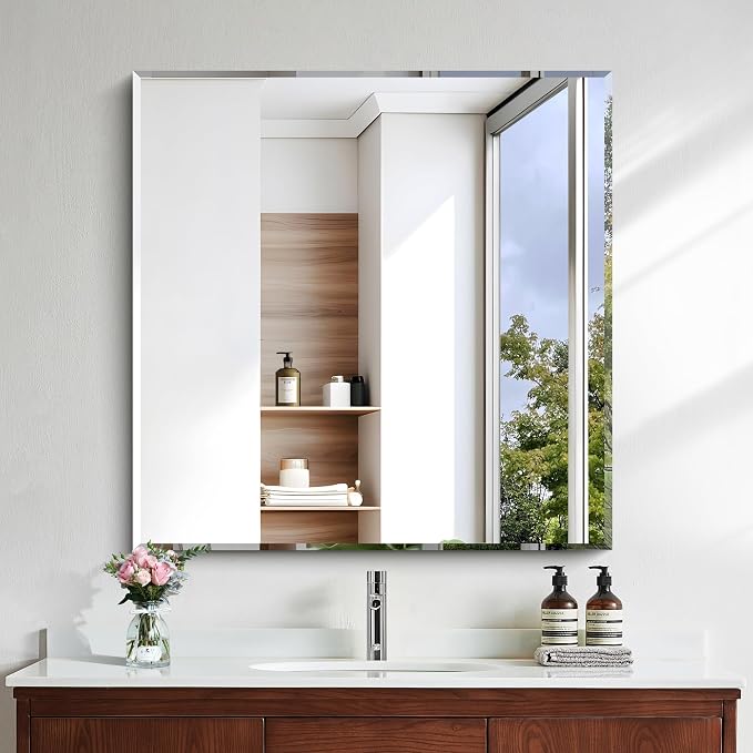 KOCUUY Beveled Bathroom Mirror, 36x36 inch Frameless Rectangle Mirror for Over Sink, Upgraded Shatterproof Unframed Design for Bedroom, Living Room, Entryway