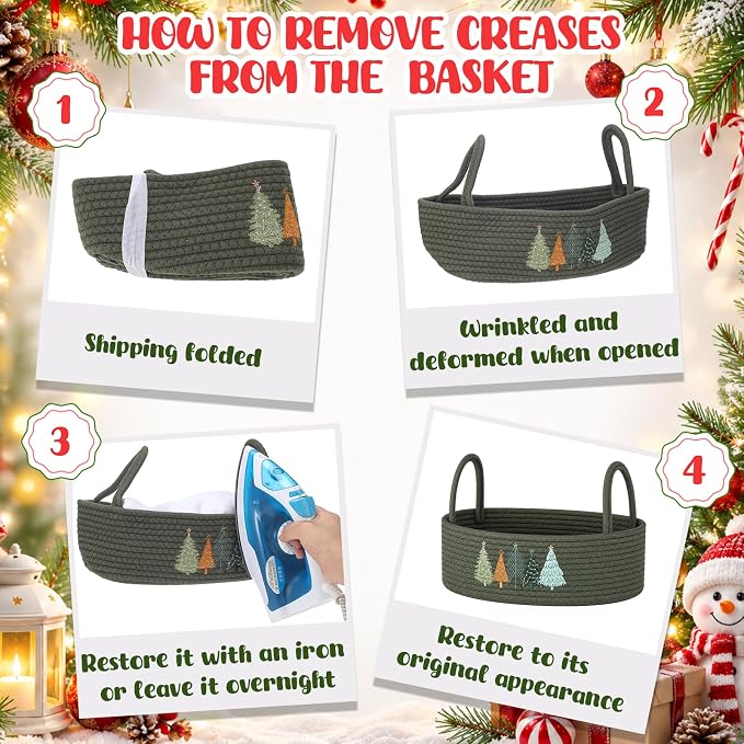 Vesici Christmas Tree Toilet Basket Green Cotton Rope Storage with Handle | Woven Organizer for Bathroom Countertop, Holds Toilet Paper on Tank Top, Christmas Tree Embroidery, Bedroom Nursery, 13x6x4