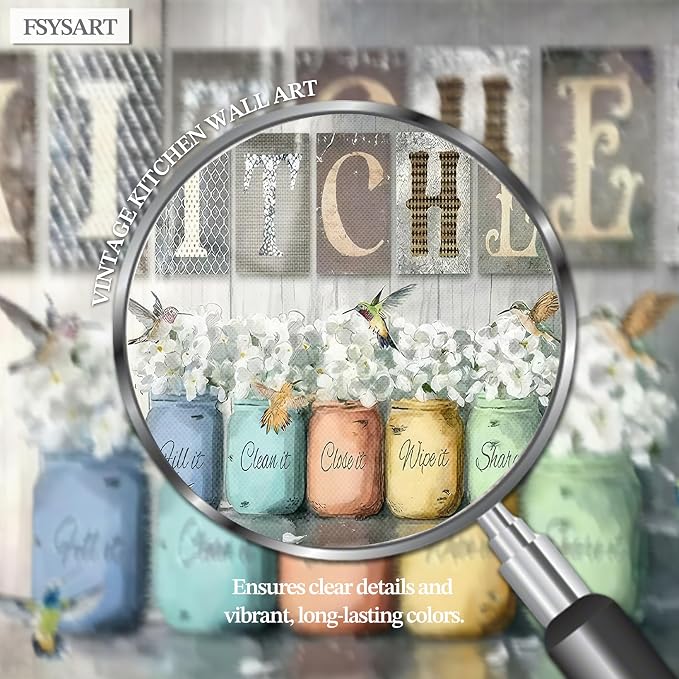 Framed Vintage Kitchen Canvas Wall Art, Retro Letter Signs with Colorful Jars, Florals and Birds Prints, Rustic Farmhouse Wood Grain Poster, Cottagecore Wall Decor for Kitchen Dining Room, 12x16in