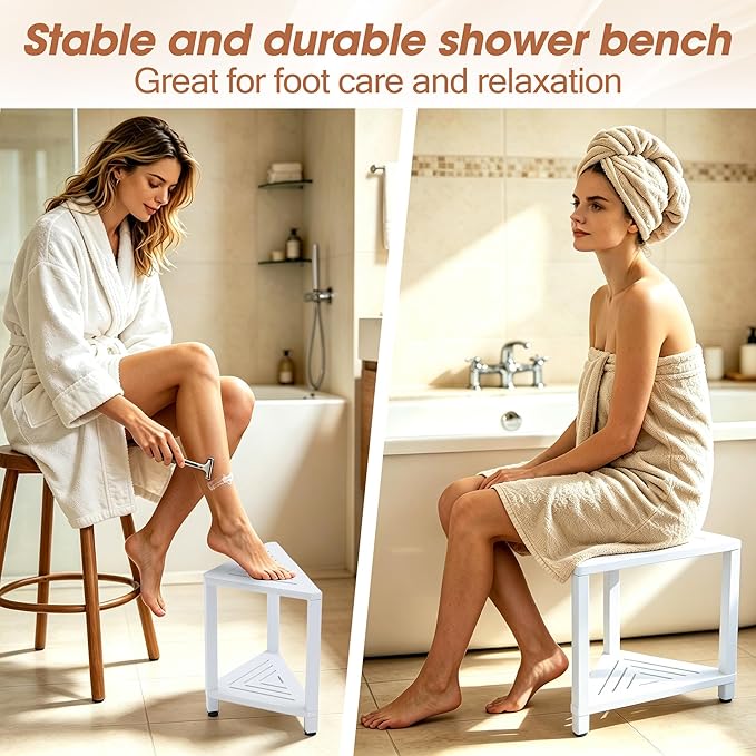 Corner Shower Stool with Storage Shelf, HDPS Waterproof Shower Foot Rest for Shaving Legs, 2-Tier Triangle Bathroom Stool for Inside Shower, Non-Slip Small Shower Bench, White