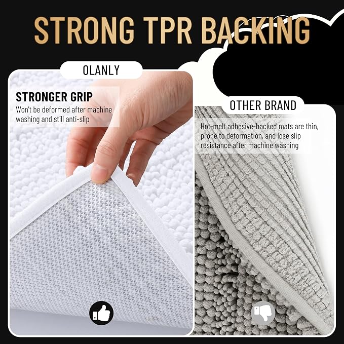 OLANLY Thick Small Bathroom Rugs 24x16, Soft Chenille Bath Rugs, White | Rubber Backing, Machine Wash, Extra Absorbent Striped Bath Mats for Bathroom Floor, Tub and Shower, Home Decor Accessories