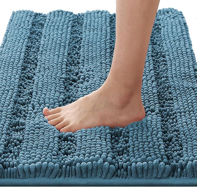 H.VERSAILTEX Bathroom Rugs Bath Rugs for Bathroom Non Slip Bath Mats Extra Thick Chenille Striped Rug 17" x 24" Absorbent Soft Shaggy Washable Dry Fast Bath Mats for Bath Room Floor - Turquoise Blue