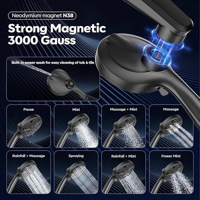 12-Inch High Pressure Rain Shower Head with Handheld Spray Combo, Magnetic | Dual shower heads; one-piece bracket adjusts height and angle; 9 settings: 8 sprays + 1 Power Jet for cleaning; easy install