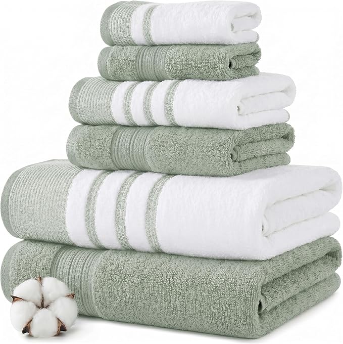 Modern Threads 6-Piece Towel Set – 100% Cotton, Quick Dry, Ultra Absorbent – Includes 2 Bath, 2 Hand, 2 Washcloths (White/Reinhart Sage)