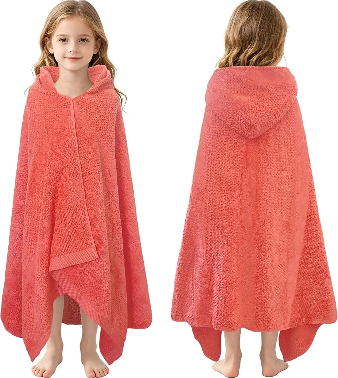 VOOVA & MOVAS Kids Hooded Bath Towel, 6-10 Years, 100% Cotton,Pink Waffle | Soft Waffle Texture, Heavy Density Fabric, Suitable for Bath, Pool, Swim and Beach
