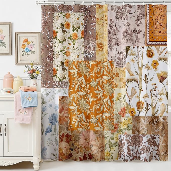 Vintage Boho Shower Curtain Retro Floral Shower Curtain Boho Floral Bathroom Decor Waterproof Mid Century Farmhouse Flowers Patchwork Bath Curtain 72 X 72 Inch (Yellow, 72"W x 72"L (Pack of 1))