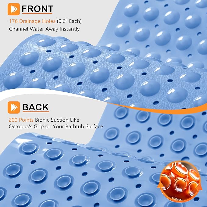 Yimobra Non Slip Bathtub Mat 40 x 16 Inch, Extra Long Shower Mat with Drain Holes, Machine Washable Baby Bath Mats, Strong Suction Cups for Bathroom Floor, Blue