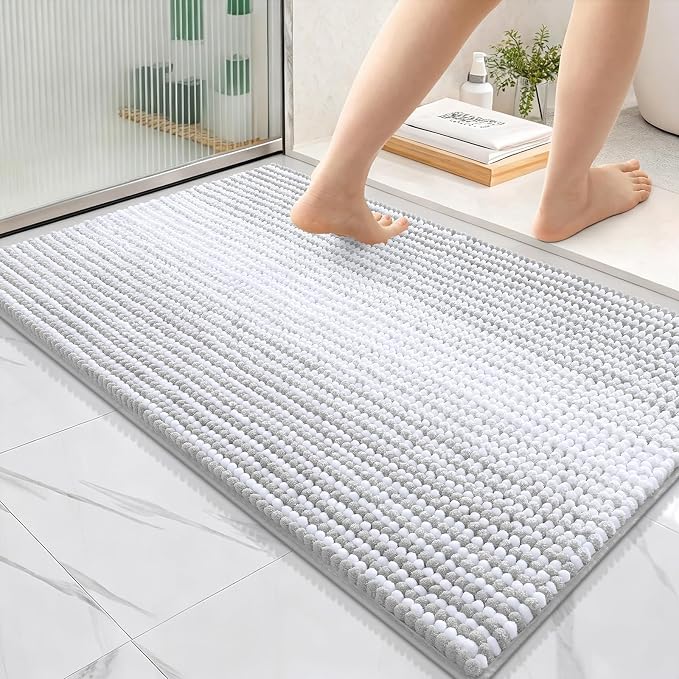 OLANLY Bathroom Rugs 36x24, Soft Chenille Striped Bath Rugs, Light Grey | Extra Absorbent, Rubber Backing, Machine Wash Dry, Bath Mats for Bathroom Floor, Tub and Shower, Home Decor Accessories