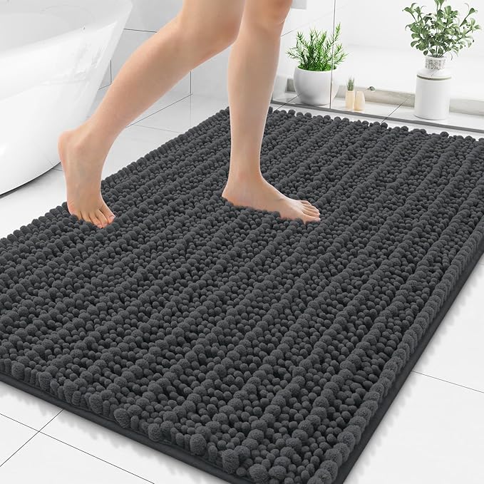 Smiry Bathroom Rugs 50X30, Extra Soft Rubber Backing Chenille Bath Mats | Dark Grey Machine Washable Non Slip Quick Dry Bath Mats for Bathroom Floor, Tub, Shower, Home Decor Accessories