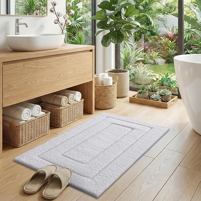 DEXI Bathroom Rugs 24x16, Non-Slip and Absorbent Bath Mat, White | Machine Washable, Soft Plush Microfiber Bathmat with Rubber Back, Quick Dry Small Rug for Shower, Tub, Sink