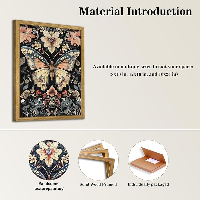 Hand Drawn Sandstone Nature Floral Wall Art, Framed Vintage 3D Textured Butterfly Wall Decor, Gothic Style Flower Insect Print Painting for Living Room Bedroom Home Decor 12x16 inch