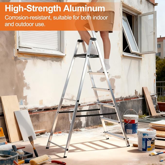Sweetcrispy 6 Step Ladder, Folding Aluminum Step Stool, 330lbs | Stepping Stool with Anti-Slip Wide Pedal, Tool Tray, Aluminum Ladders, Safety Household Ladder for Home Kitchen Outdoor
