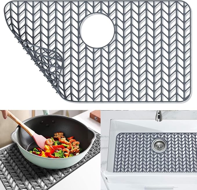 Sink Protectors for Kitchen Sink26"x14"Rear Drain kitchen Sink Mat | Protector for sinks and dish,Food-grade silicone,Non-slip and raised feet,Withstand to 500F,Dishwasher Washing