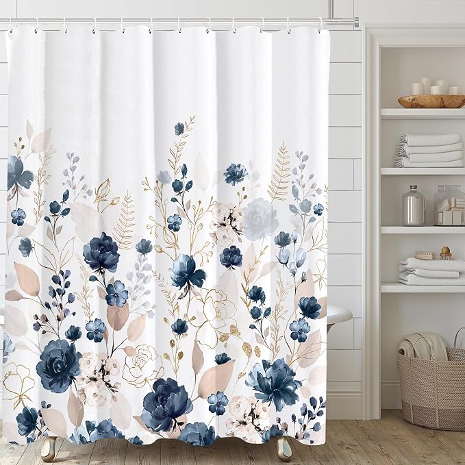 Tititex Aesthetic Navy Blue Floral Shower Curtain Sets, Watercolor Gold Flowers Leaves Bathroom Decorative 71x84 Inch Polyester Waterproof Fabric Bath Curtain with Hooks
