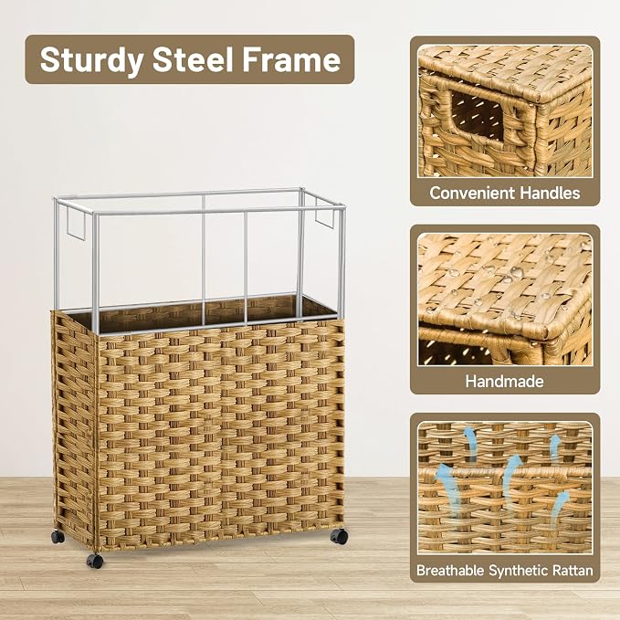 Hiagnete Toilet Paper Storage Basket with Lid and Wheels, Rattan Toilet Paper Holder Storage, Toilet Paper Organizer for Bathroom, Bedroom, Kitchen, 19.7”L x 7.9”W x 24.62”H, Natural