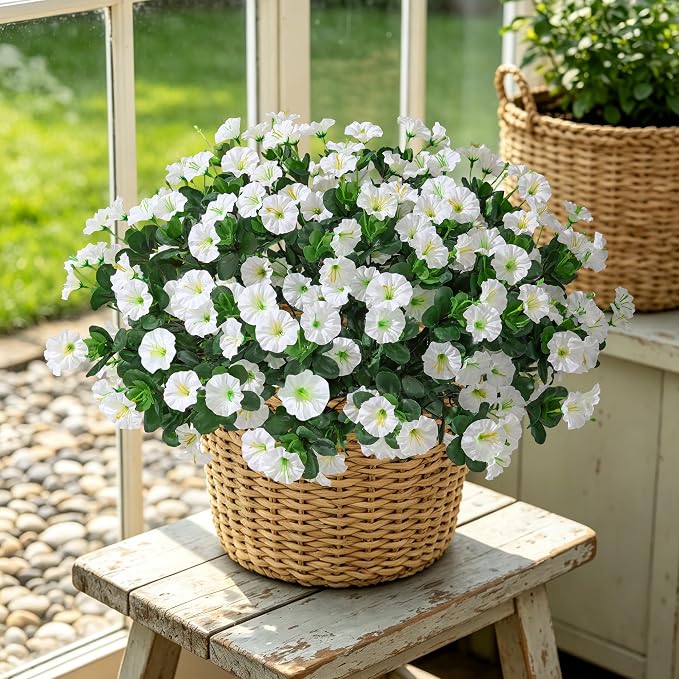 Artificial Flowers for Outdoors Fake Plants Outside Decoration, 4 Bundles Silk White Morning Glory UV Resistant Look Real Faux Flowers for Planter Front Door Porch Patio Yard Gardens Balcony