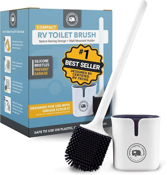 Unique Silicone RV Toilet Brush with Compact Holder | Non-scratch silicone bristles for RV toilet bowl cleaning; wall-mount no-drip holder saves camper bathroom space