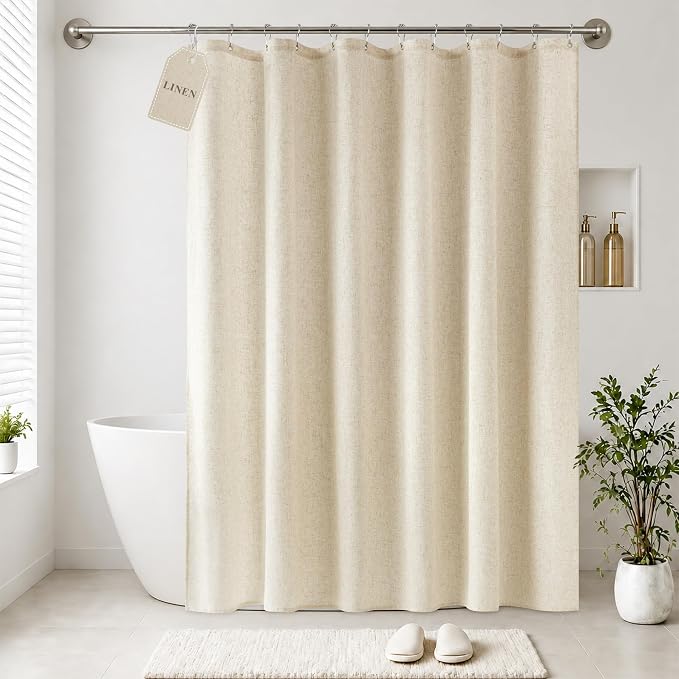 Jowels Beige Linen Fabric Shower Curtain for Bathroom, 72x78 | Long Size, Natural Linen Shower Curtains Set, Waterproof Washable Weighted Textile, Metal Hooks, Hotel Boho Farmhouse Decor