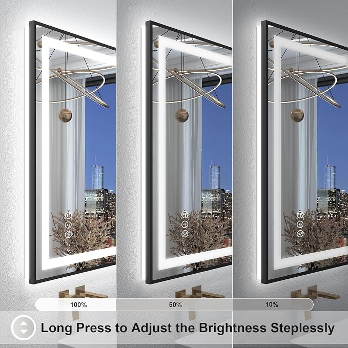 OKPAL 24x30 LED Bathroom Mirror with Black Frame, Lighted Bathroom Mirror for Vanity, Frontlit & Backlit, Anti-Fog, Dimmable, Memory, Shatterproof, ETL Listed, Horizontal/Vertical