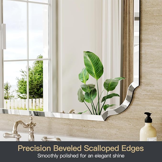 Beveled Frameless Bathroom Mirror with Scalloped Edges, 24" x 32" Rectangle Beveled Mirrors, Vanity Bathroom Mirror for Over Sink, Fireplace, Entryway, Restroom
