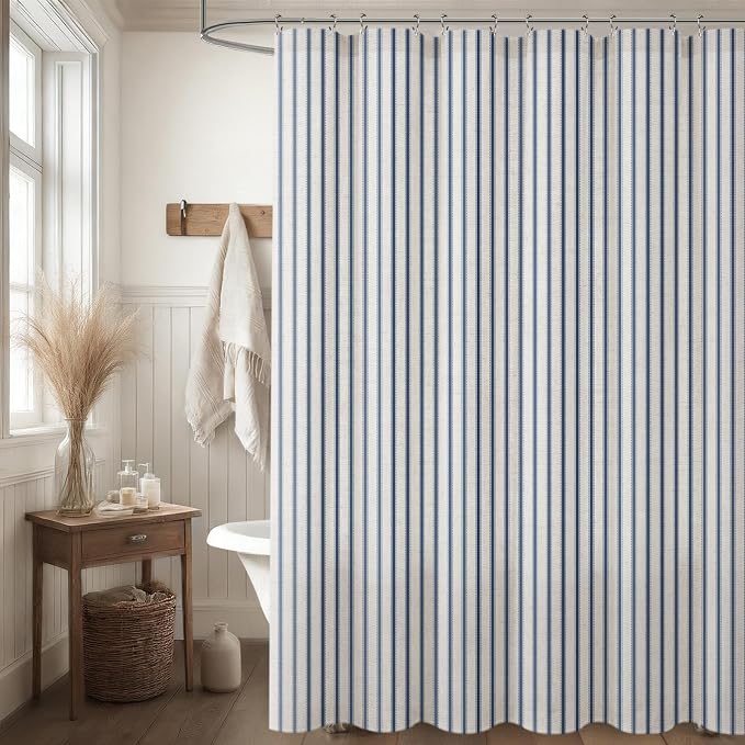 Farmhouse Striped Shower Curtain Navy Blue Vintage Linen Curtain 72W X 72L | Striped Shower Curtains with Linen Texture for Bathroom Decor