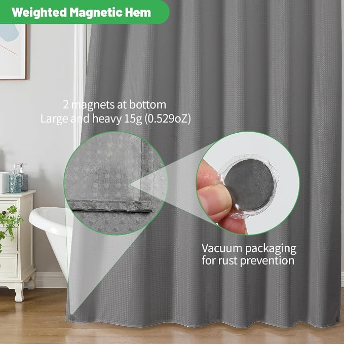 No Hook Waffle Shower Curtain, No Liner Needed Separate, 71x74 Inch, Grey | 100% waterproof TPU-laminated backing, magnetic weighted hem, machine washable, shower curtain set for bathroom or hotel use
