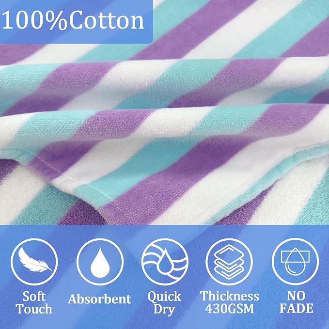 VOOVA & MOVAS Hooded Poncho Towel for Kids, 4-8 Years, Aqua Purple Stripe | Two-Tone Striped Craft, Soft Texture, High Absorbency & Fast Drying for All Water Activities