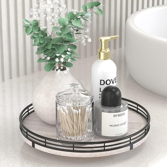 AMH 10-Inch Rustic Whitewashed Oak Lazy Susan Vanity Tray | Smooth rotating oak tray with walnut finish for dining tables, kitchen counters, pantries and cabinet storage.