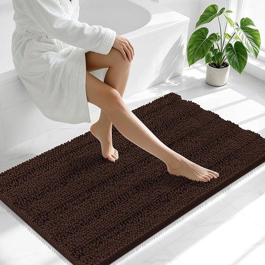 Smiry Thick Chenille Large Bathroom Runner Rugs 40x24, Soft Bath Mat, Brown | Quick‑Dry & Machine Washable, Non‑Slip Bath Carpet, Striped Bath Rugs for Tub & Shower, Modern Home Decor Accessories