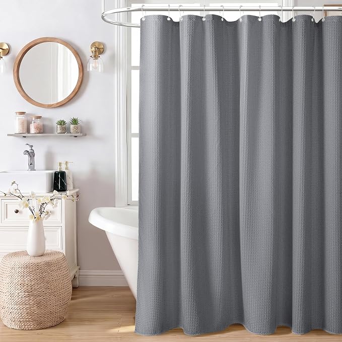 Stall Waffle Shower Curtain 256 GSM Heavy Fabric 48x72 Grey/Gray | 48 Inch Wide, Thick Polyester Cloth, Weighted Hem, Water Repellent, Washable Hotel Shower Curtain Set for Bathroom 8 Hooks