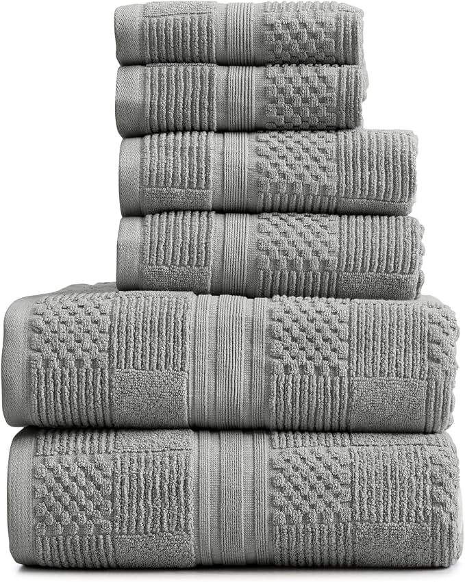 100% Cotton Bath Towel Set | 6-Piece Set | Textured Carbon | Luxury Geometric Design | Absorbent & Quick-Dry Bathroom Towels | Textured and Durable Cotton Towels for Bathroom | OEKO-TEX