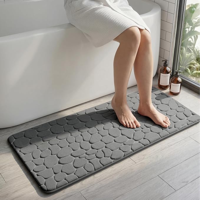 Memory Foam Runner Rug, Cobblestone Bathroom Runner Rugs Super Water Absorbent Bath Mats for Bathroom Machine Washable Bath Rugs for Hallway Bedroom Laundry Room(20 x 47,Dark Gray)