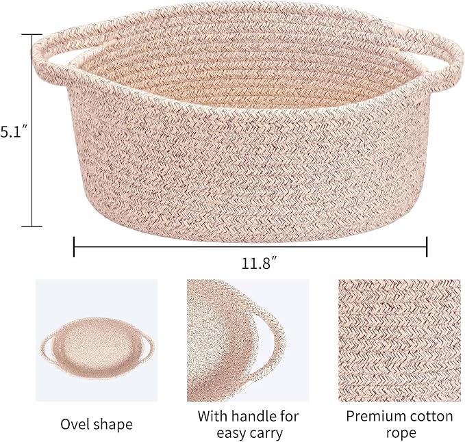 ABenkle Small Basket with Handles, Boho Decorative Rope Woven Dog Cat Toy Storage Bin Shelf Storage Organizer, Easter Christmas Gift Basket, 12"x8"x5"