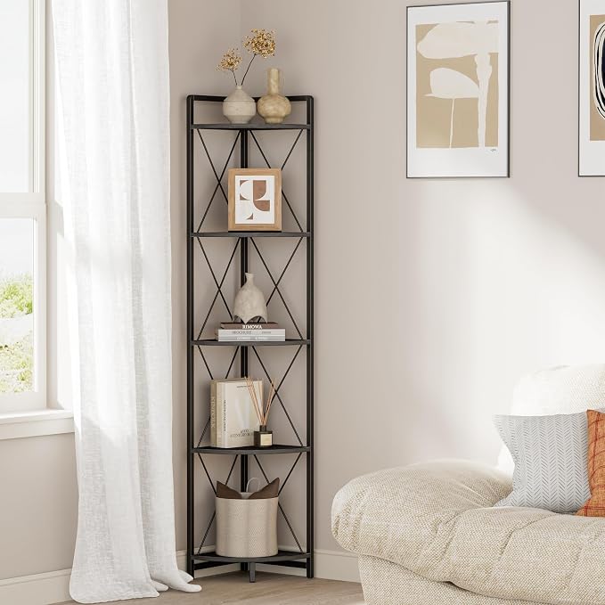 5 Tier Corner Shelf Stand, 64" H Tall Corner Bookshelf, Black | Industrial Metal Corner Shelf for Living Room Decor, Plant Stand Display Shelf for Bedroom, Bathroom, Small Spaces