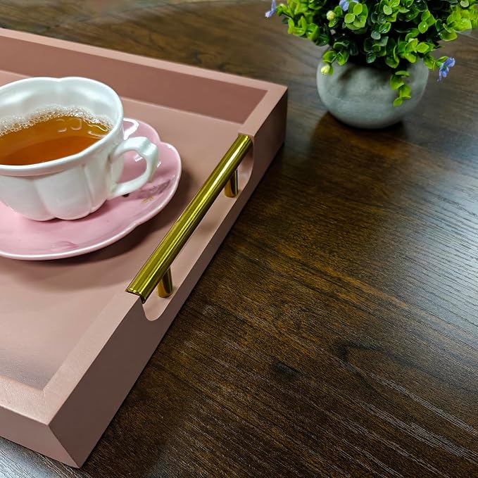 Wooden Decorative Coffee Table Tray, 16" Serving Tray with Gold Handles for Ottoman, Living Room, Perfume, Vanity Dresser Organizer (Mocha)