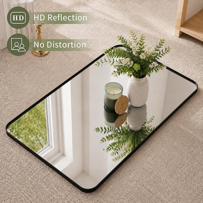 Koonmi 30x48 Inch Black Bathroom Mirror for Over Sink | Wall Mirror for Bathroom Matte Rectangle Metal Deep Framed, Shatterproof Tempered Glass, Hang Vertically or Horizontally