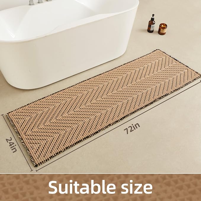 Sunfly Waffle Runner Bath Mat，Long Bathroom Rugs Non Slip Washable, Ultra Soft Super Absorbent Quick Dry Boho Farmhouse Bathroom Decor, 24" x 72", Black &Khaki