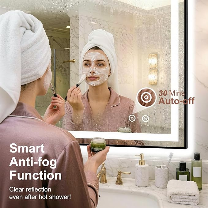 LED Bathroom Mirror with Lights, 30"x50" Black Framed Lighted Vanity Mirror | Anti-Fog, Dimmable 3 Color Temperature, Front & Backlit, Memory Function, Shatterproof Tempered Glass