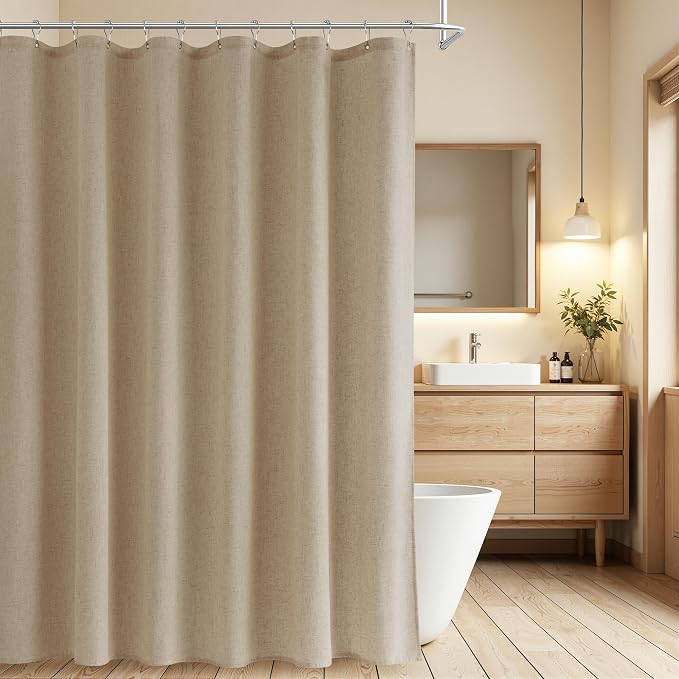 Extra Long Linen Shower Curtain 84 Inch Long for Bathroom Shower Curtains Set with Hooks Boho Farmhouse Fabric Neutral Cloth Modern Cottage Core Waterproof,Eggshell Beige