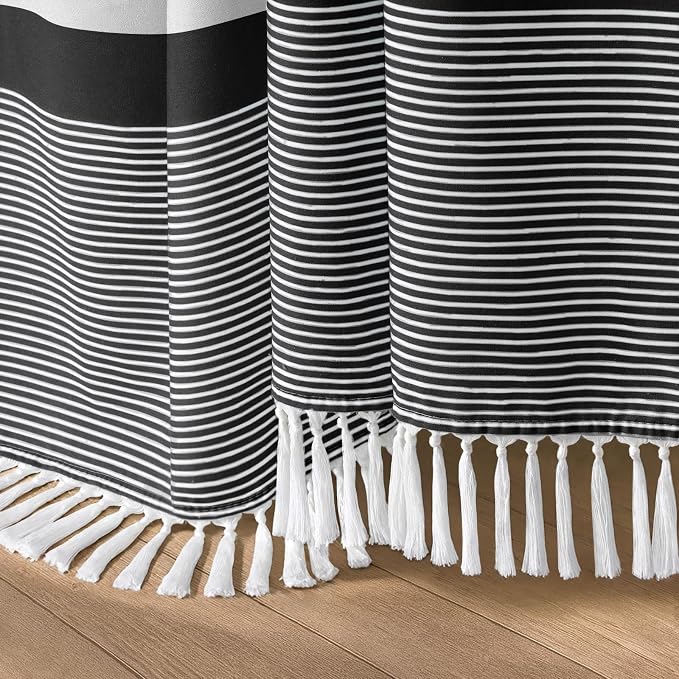 Black Stripe Boho Cotton Striped Shower Curtain with Tassel 72"W X 72"L | Boho Farmhouse Shower Curtains for Bathroom with Soft Cotton Feel