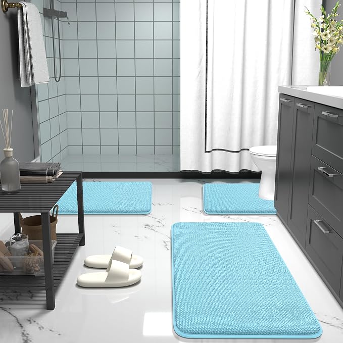 OLANLY Memory Foam Small Bathroom Rugs 24x16, Absorbent Bath Mat, Sky Blue | Soft Quick Dry Bath Rugs, Non-Slip Carpet, Machine Washable Mat for Bathroom Floor, Tub and Shower, Home Decor Accessories
