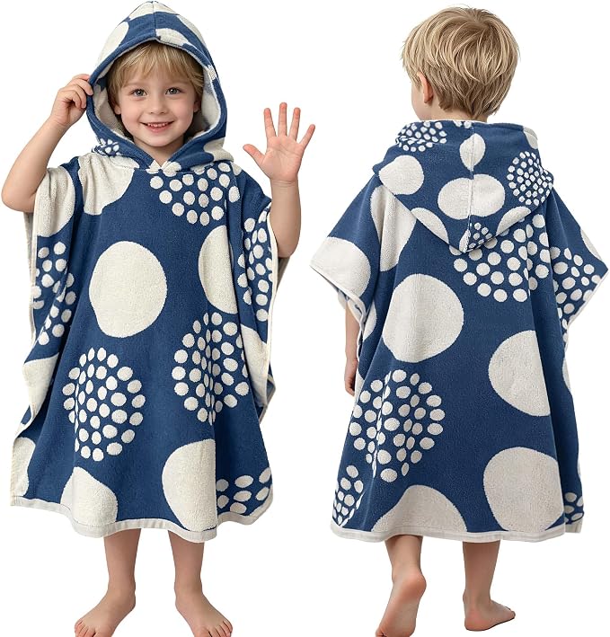VOOVA & MOVAS Kids Hooded Poncho Towel, 4-8 Years, 100% Cotton, Soft, Blue Dot