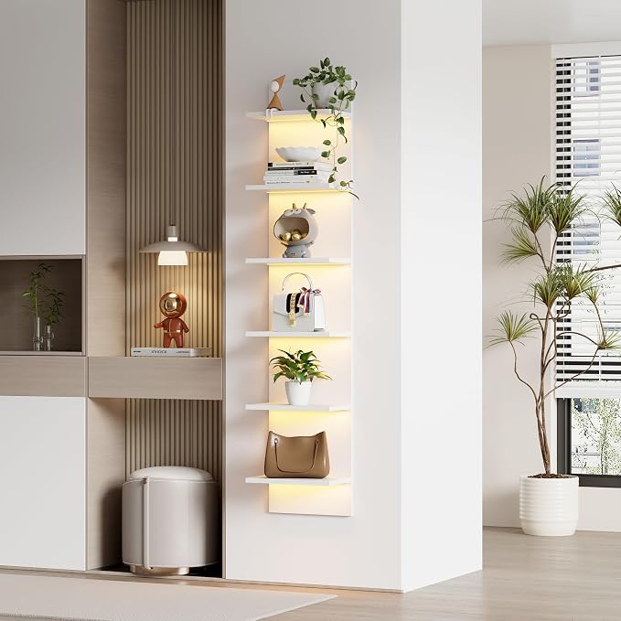 Qupui 6-Tier Wall Shelf with RGB LED, 57" Floating Storage, White | RGB 16 Million Colors, 22 Modes, 6 Brightness. Waterproof Particleboard. Each Tier Holds 10 Lbs. Wall-mounted. For Bedroom