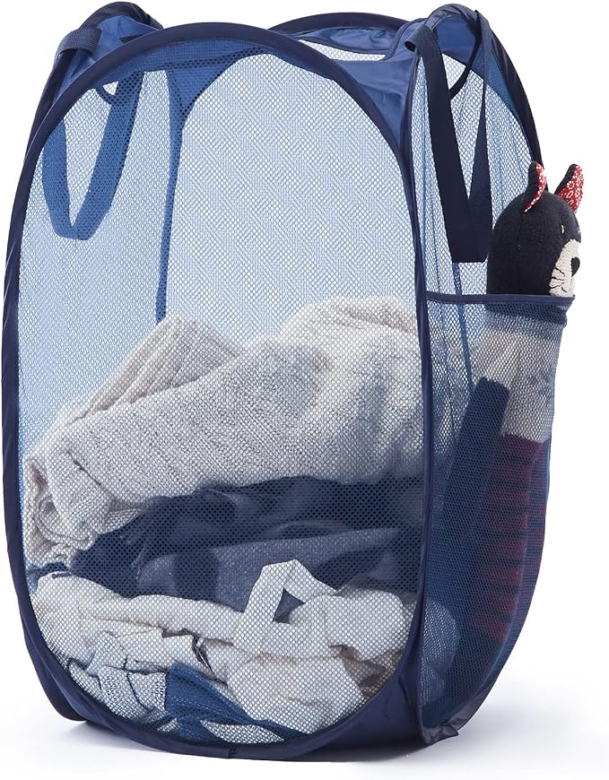 TECHMILLY Upgraded 105L Collapsible Mesh Pop Up Laundry Hamper with Sturdy Handles and Side Pocket - Portable Foldable Clothes Baskets for Dorm, Bathroom & Travel Storage (Blue Plus)