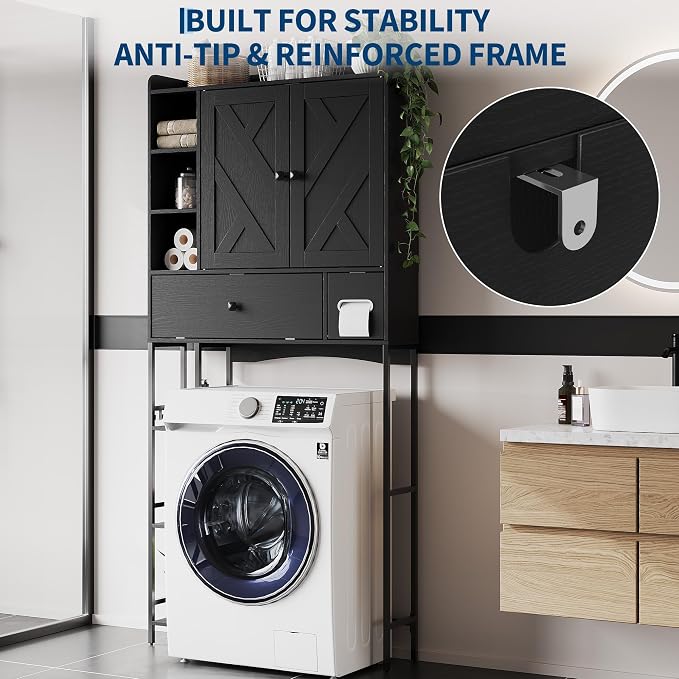 Garvee Over-The-Toilet Storage Rack, Modern Bathroom Organizer | MDF Shelves & Steel Frame, Space-Saving Toilet Shelf for Small Bathrooms, Bathroom Cabinet for Towels & Toiletries, Black