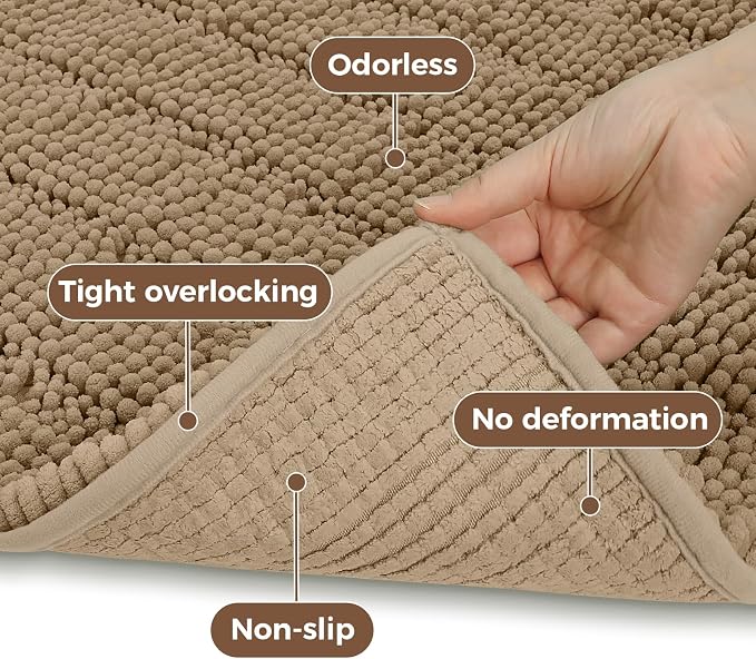 Bcoimo Small Bath Rug Mat,24x17 Chenille Non Slip Tan Bathroom Shower Mats | Extra Soft Bathroom Rugs;Non Slip with Rubber Backing Bath Mats;High Absorbent And Quick Dry Microfiber mat; Machine Washable