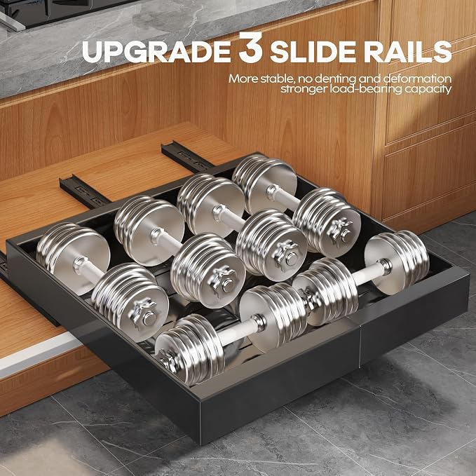 Seinloes 2Pack Expandable Pull Out Cabinet Organizer 21"Deep with Raising Pad for Framed Cabinets, Upgrade 3 Slide Rails Slide Out Drawers, Roll Out Shelves Adhesive,Adjustable Width 12.05"-20.4"Black