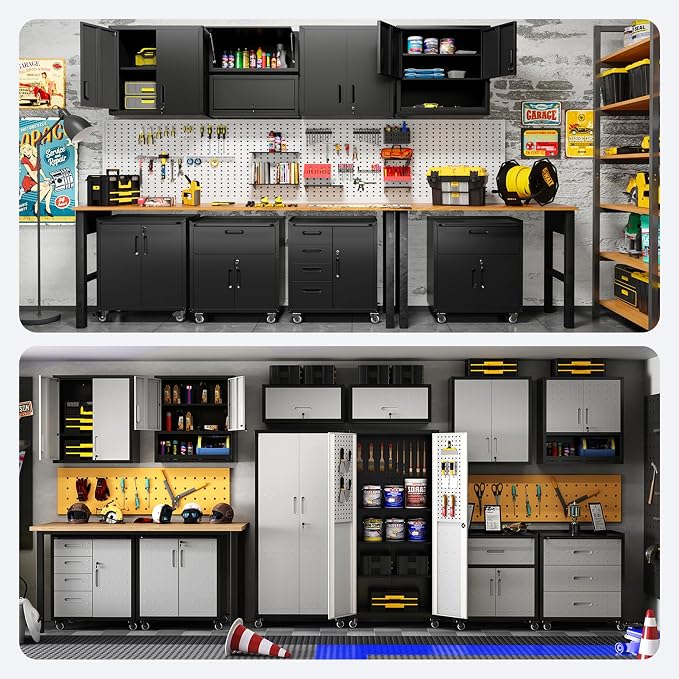Garage Storage Cabinet System,Wall Cabinet & Locking Rolling Tool Cabinet with Doors and Adjustable Shelves